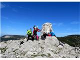 Naša ekipa na vrhu, kjer simboličen pomnik italijanskemu alpincu Comiciju in še nekaj obeležij