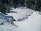 Potočka zijalka Premalo snega, je bilo treba sneti smuči in sestopiti peš.