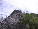 pogled nazaj...tisto niso razvaline, ampak spomenik tržaškemu alpinistu Emiliu Comici (ki se je ubil v bližini)