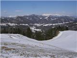 Kožljek in Koreno Polhograjsko hribovje, zadaj Kamniško Savinjske Alpe.