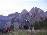 Na Kurji vrh (1762m), smo prišli tik pred sončnim vzhodom. Oltarja, Ponci, Špik in Rigljica. Andrej in Juš se med zajtrkom nista pustila motiti.