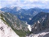 Crete di Gleris (Cima del Muini, tudi Cima Ninni, Cima mezzo in Cima Alta de Gleris) po razdrapani grapi v dolino, zadaj levo Creta di Rio Seco, Konjski Špik in Krniške skale