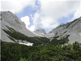 Pogled proti Zelenjaku in Palcu iz morja ruševja na višini 1750 m, desno pot po melišču