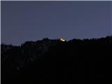 Zvečer je cerkev na Višarjah lepo osvetljena, da je vidna prav iz doline...