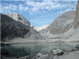 Jezero Antermoia, v ozadju Catinaccio dAntermoia