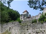 Grad Kamen Na levo nam pogled takoj zanese na mogočne obrambne zidove prve terase gradu.Vidi se tudi obzidje druge terase in ruševine zgradb na zadnji terasi.