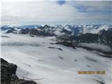 Pogled z grebena dol na ledenik, razpok je veliko vendar so vse lepo vidne ....