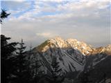 Planina Korošica po lovski,Košutica od Hajnževoga sedla do koče na starem Ljubelju Čeprav je ure zgodnja na razgledišču na lovski poti lepi  pogledi na Begunjščico.