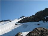 Shareck-3122m in Baumbachspitze-3105m Sneg se je omehčal.Sonce neusmiljeno topi sneg. Gor gremo ob devetih zjutraj v kratkih rokavih.