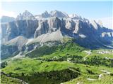 pogled nazaj proti izhodišču, zadaj del gorske skupine Sella