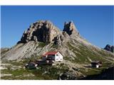 Sextenski Dolomiti - pot *Dolomiti senza confini* Rif. Locatelli, oziroma Drei Zinne Hutte s Torre di Toblin v ozadju