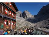 Lienški Dolomiti - gore nad kočo Karlsbader Hütte Koča je bila polna dnevnih gostov, postrežba hitra in učinkovita