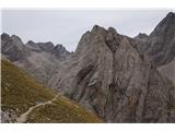 Lienški Dolomiti - gore nad kočo Karlsbader Hütte Pogled nazaj na steno, po kateri smo prišli. Spust poteka po levi, gladki plošči