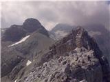 Zavarovana stopnja na poti na Cmir, zadaj Begunjski vrh in Triglav v megli