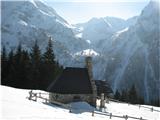 Lago di Bordaglia in kota 2112 in Forc. Ombladet pod Črnim kamnom (Sasso Nero) pršičasta pobočja na drugi strani doline so me povabila že tukaj pri kapelici