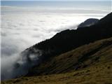 Mokrica Pogled na morje megle. Spodaj v bregu v temi, tiči Medvedja jama ...