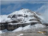 pogled na zasnežen vrh  Piz Boa, ki se je občasno skrival v megli